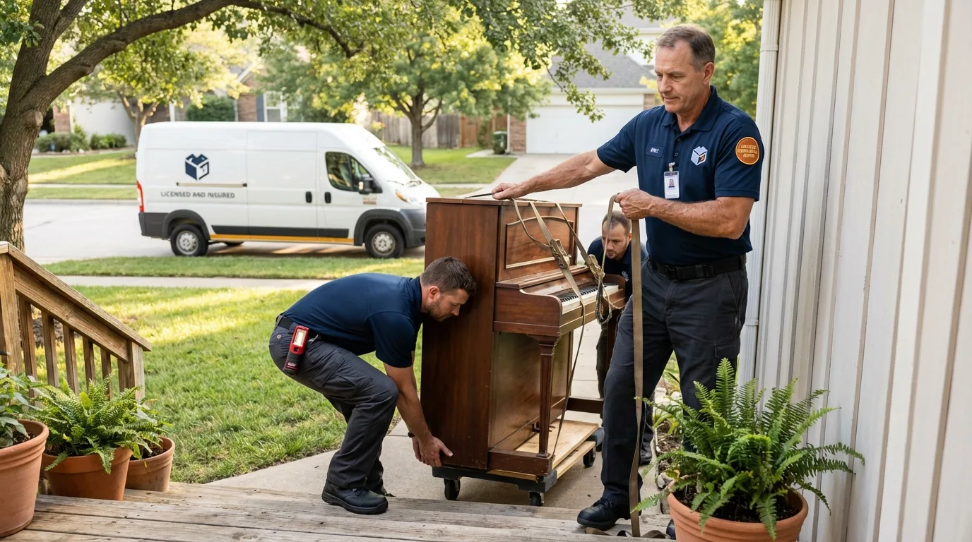 Licensed piano movers securing grand piano in Grant Park, IL