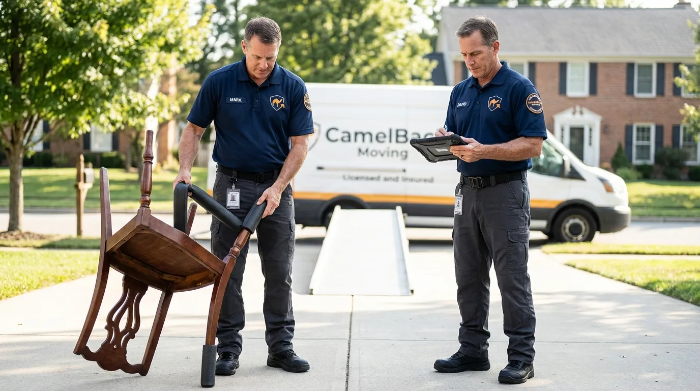 Movers inspecting furniture for damage prevention before loading in Grant Park, IL